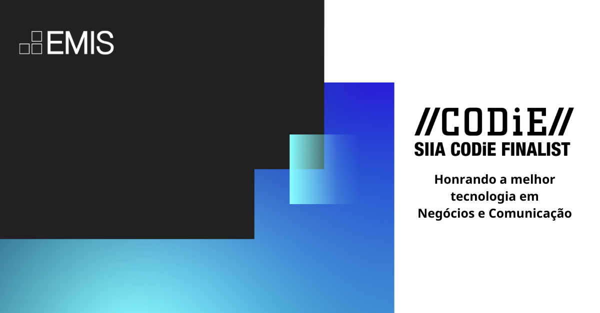 EMIS é nomeada finalista na premiação CODiE Awards Imagem com fundo preto e azul, com o logo da EMIS e logo da premiação CODIE awards.